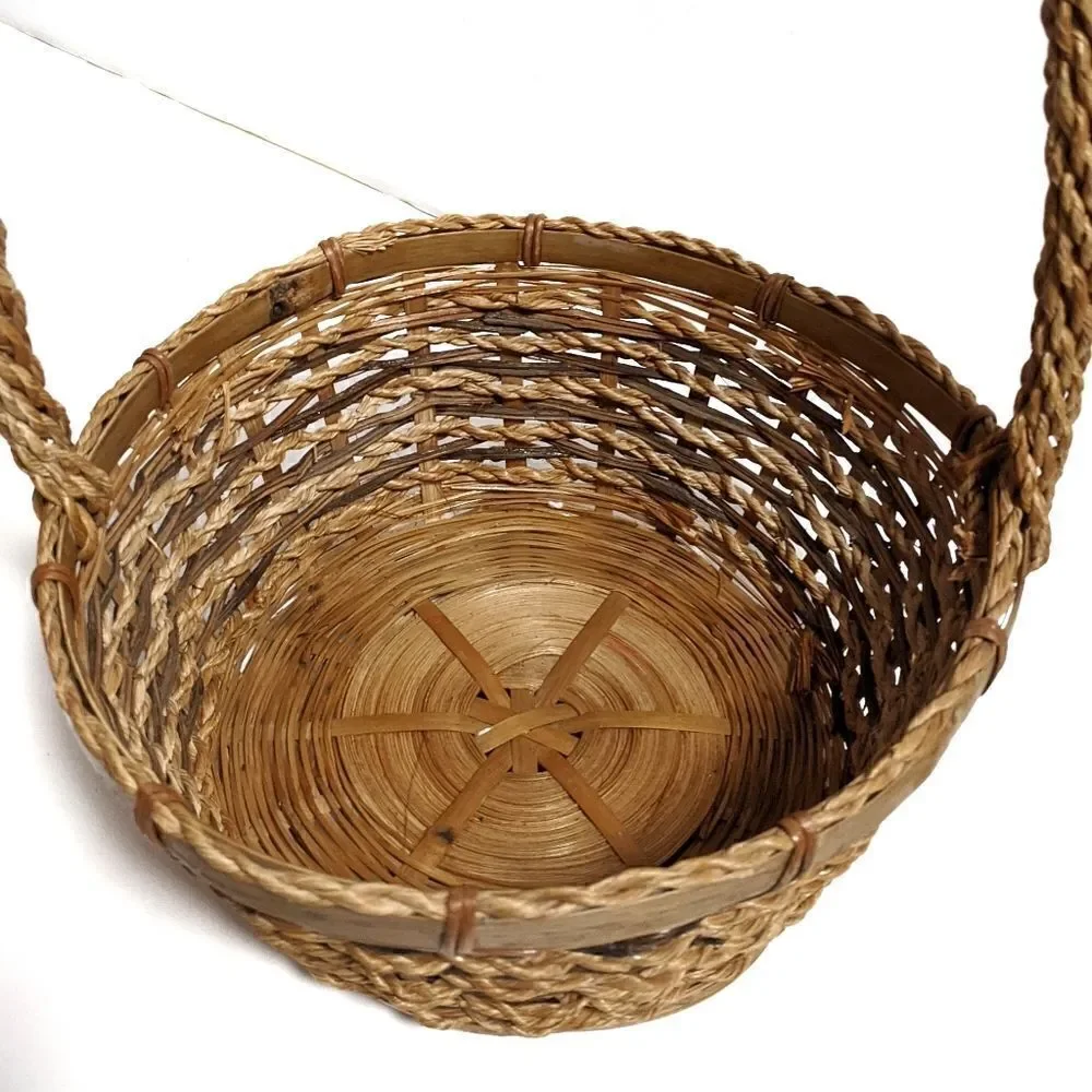 Wicker Braided Tall Handle Basket Two Tone Boho